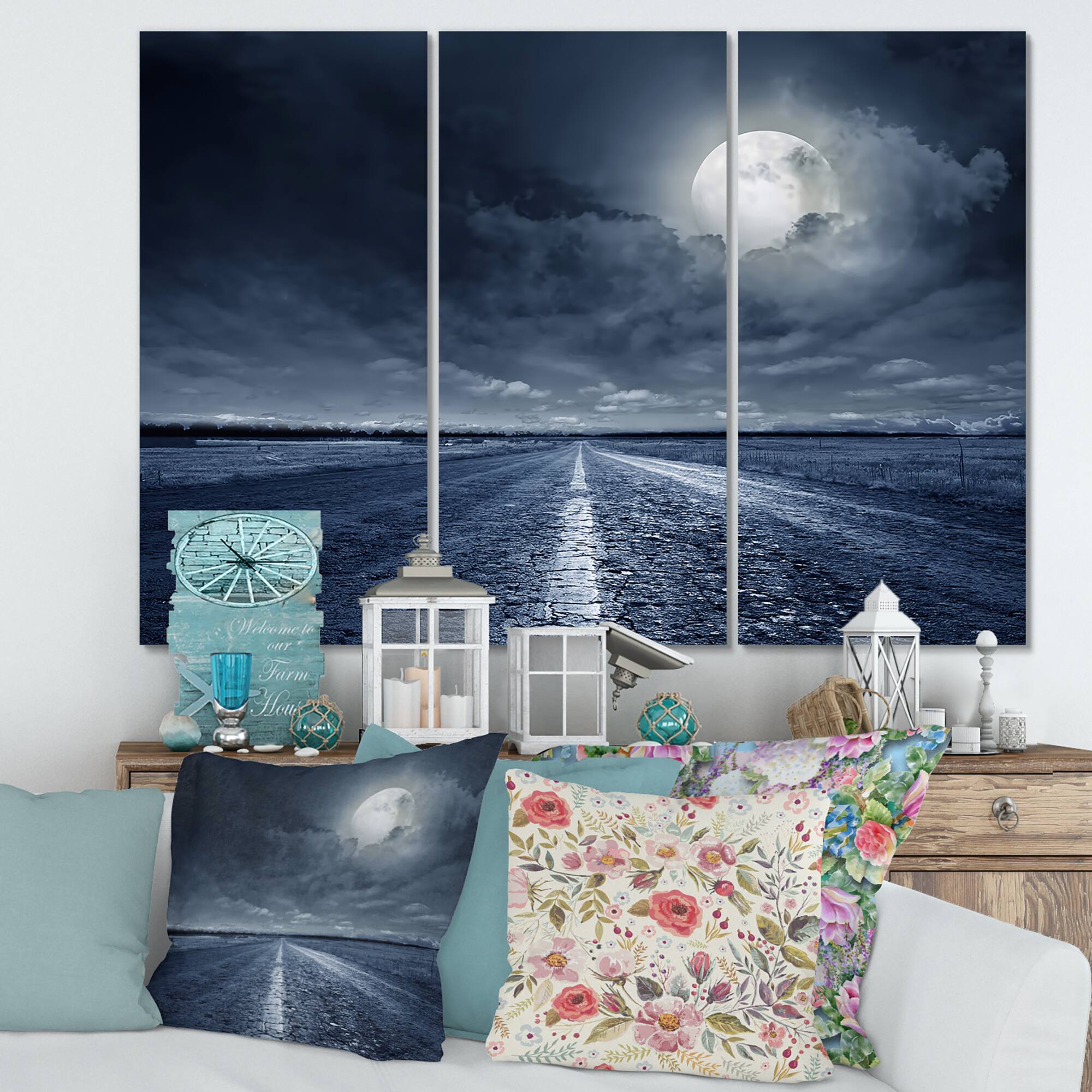 Designart - Asphalt Road Under Cloudy Full Moon I
